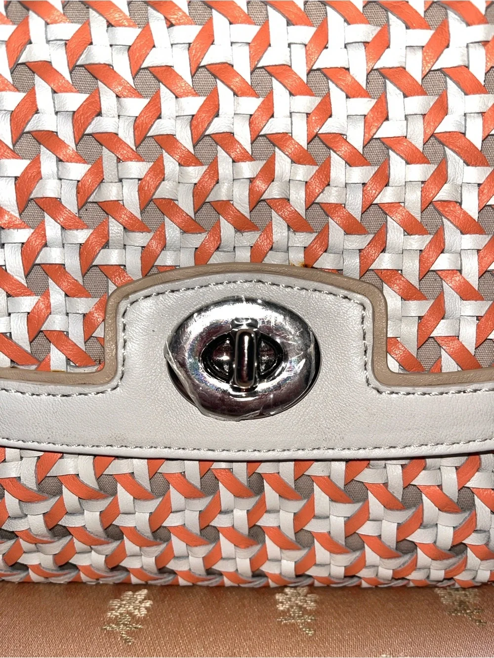 New Coach Coral and White Caning Leather Wristlet / Clutch